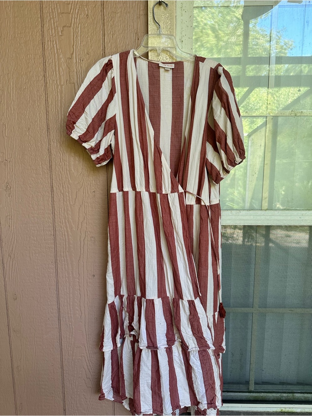 Knox Rose 100% Cotton Striped Puff-Sleeve Wrap Midi Dress - White & Rust